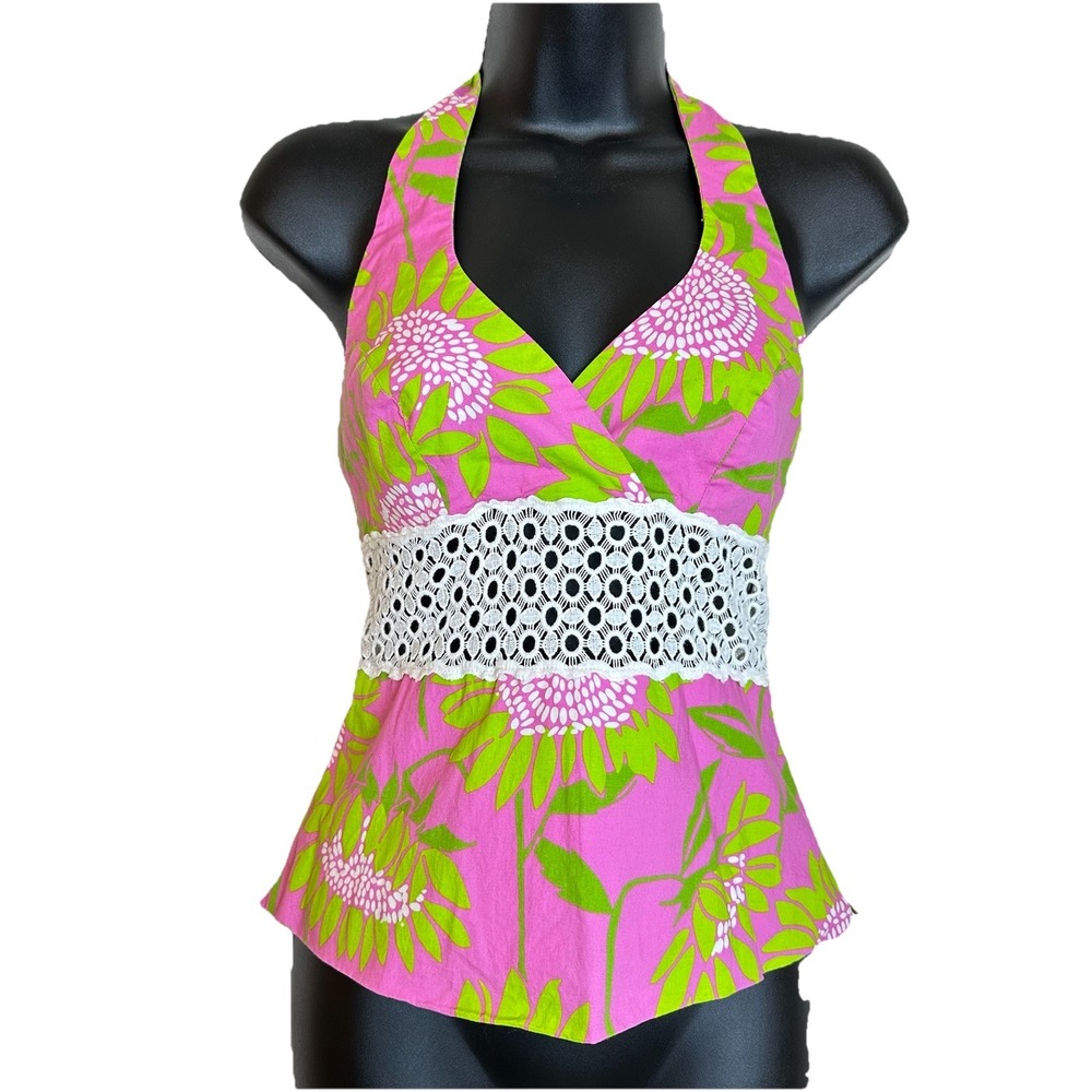 Lilly Pulitzer Chantel Palm Beach Collection Hibiscus Pink Halter‎ Top Size 0 XS